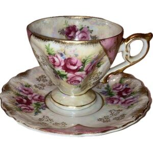 RARE Vintage Floral Lusterware Pearlescent Porcelain Fine China Tea Cup Saucer